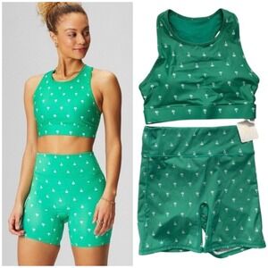 Fabletics Womens Green Palm Tree Print High Neck Sports Bra and Biker Shorts Set